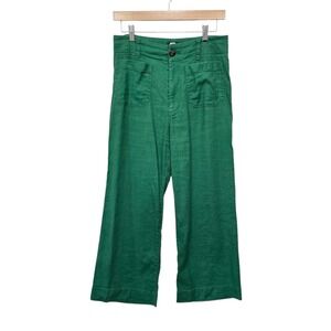 Maeve Anthropologie The Colette Wide Leg Pants Kelly Green Linen Size 28 Cropped